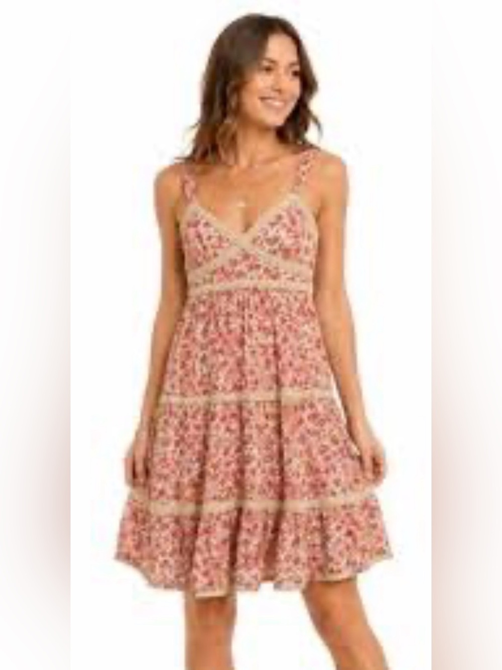 Free People Native Rose Pink Floral Tiered Lace Sundress Boho Cottagecore mini 2